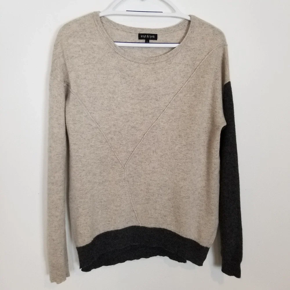 Knyt & Lynk Women 100% Cashmere Colorblock Pullover Sweater Sz L Beige‎ Gray